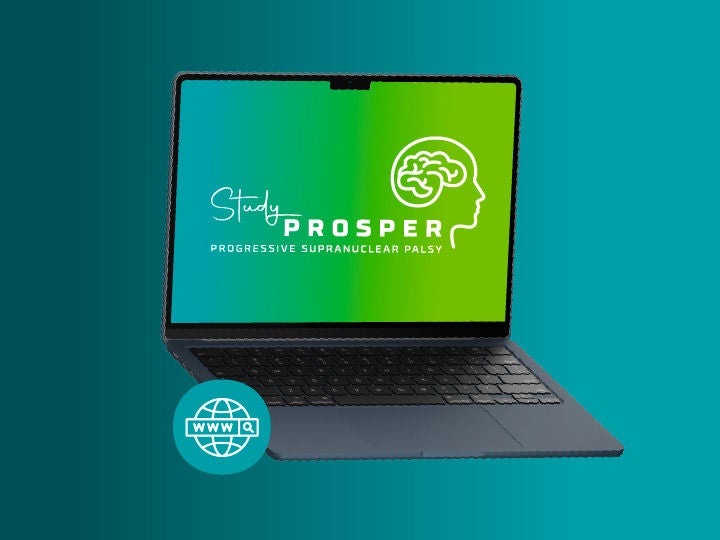 Portátil mostrando la web del estudio PROSPER para la Parálisis Supranuclear Progresiva (PSP).