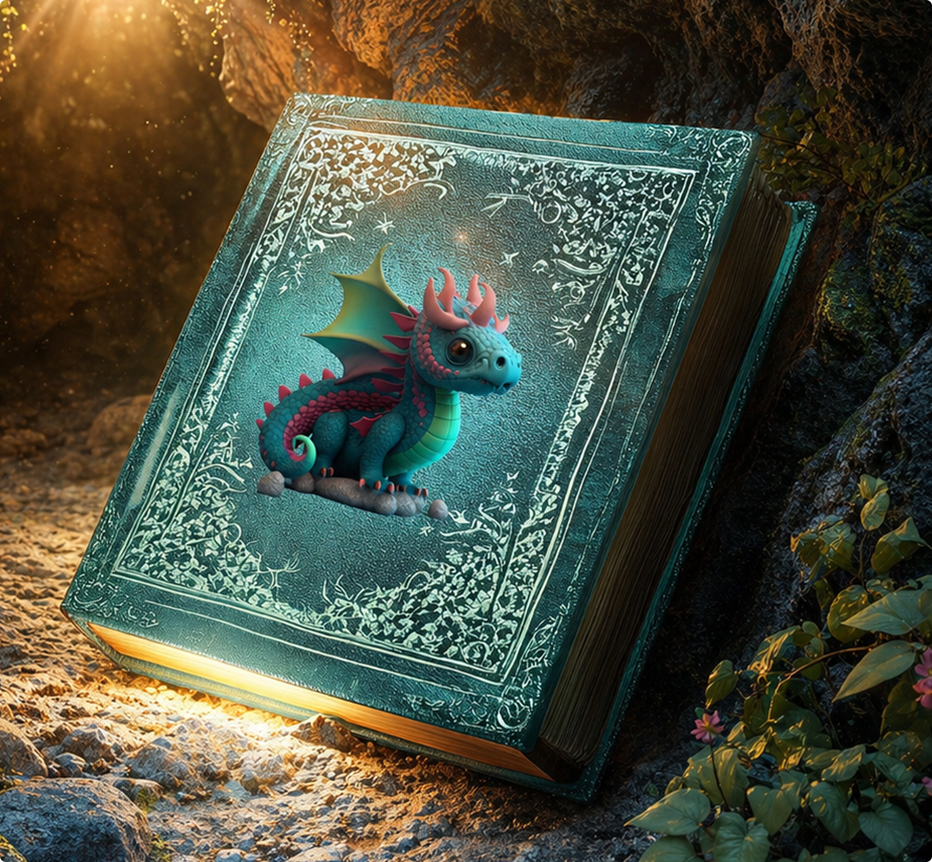 Ilustración de un pequeño dragón azul sentado sobre un libro de cuentos ornamentado en un entorno forestal.
