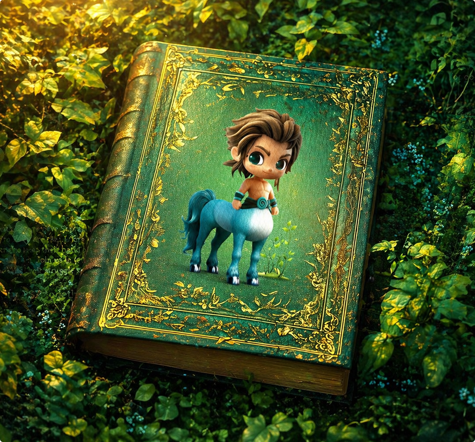 Illustration of a centaur character on the cover of an ornate storybook in a forest setting.