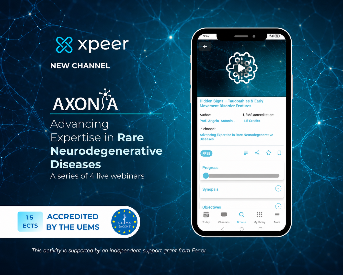 Smartphone displaying the AXONIA accredited webinar series on the Xpeer platform.
